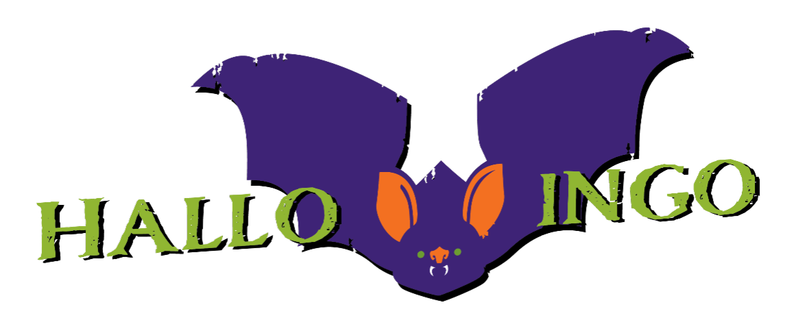 A purple bat with orange eyes that says Hallow ingo - Hallowingo logo.